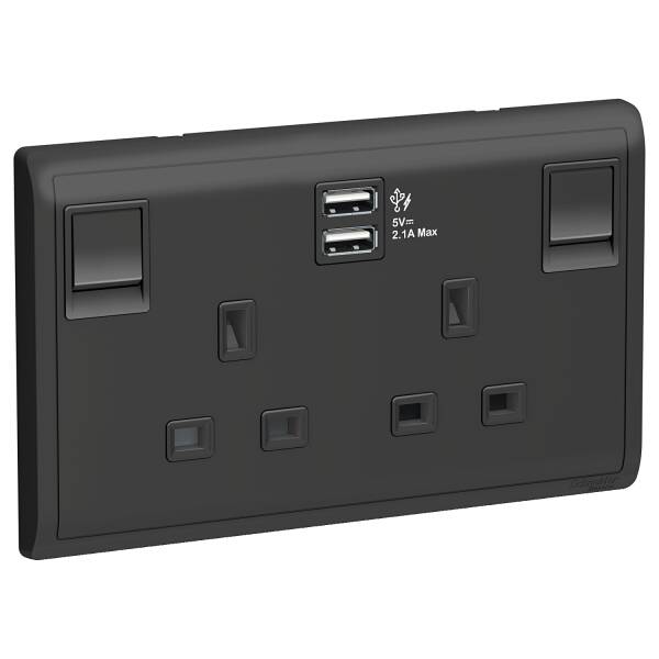 13A Twin Gang Switched Socket with 2.1A USB, Matt Black - 1